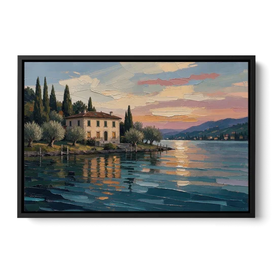 Italian Lakeside Villa at Dusk - Black Framed Canvas Wall Art - Front