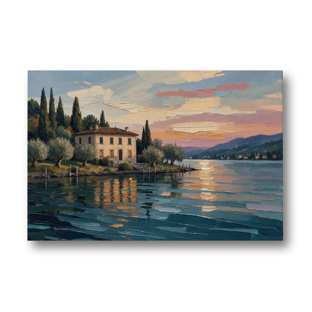 Italian Lakeside Villa at Dusk - Canvas Wall Art - Front