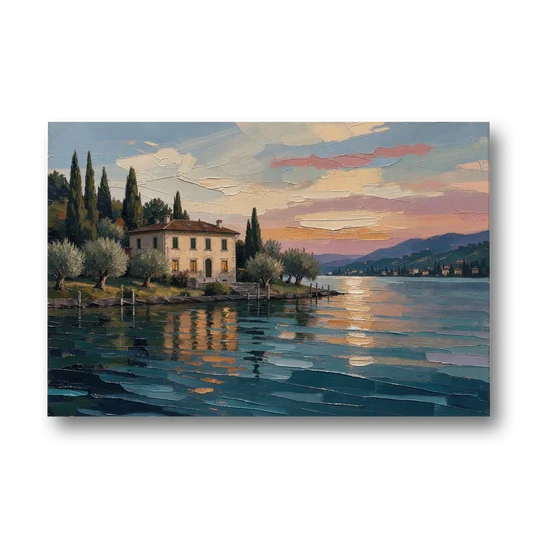 Italian Lakeside Villa at Dusk - Canvas Wall Art - Front