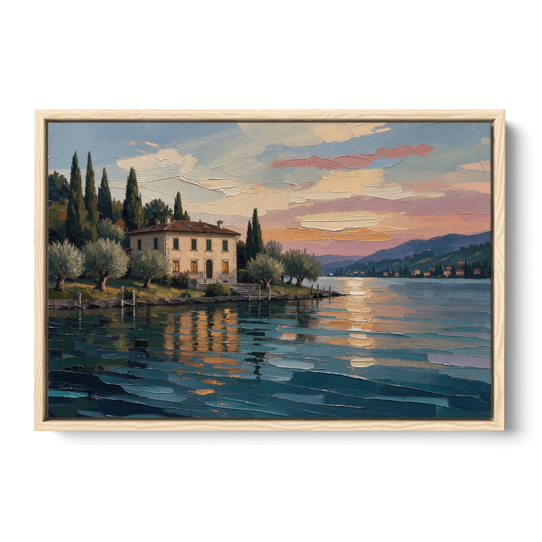 Italian Lakeside Villa at Dusk - Oak Framed Canvas Wall Art - Front