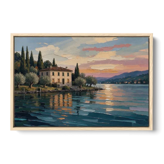 Italian Lakeside Villa at Dusk - Oak Framed Canvas Wall Art - Front