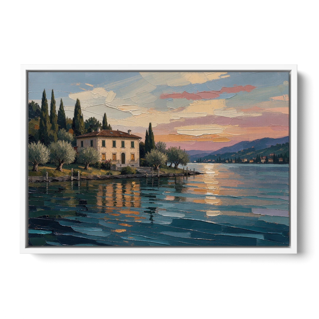 Italian Lakeside Villa at Dusk - White Framed Canvas Wall Art - Front