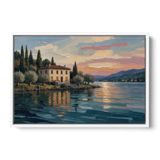 Italian Lakeside Villa at Dusk - White Framed Canvas Wall Art - Front