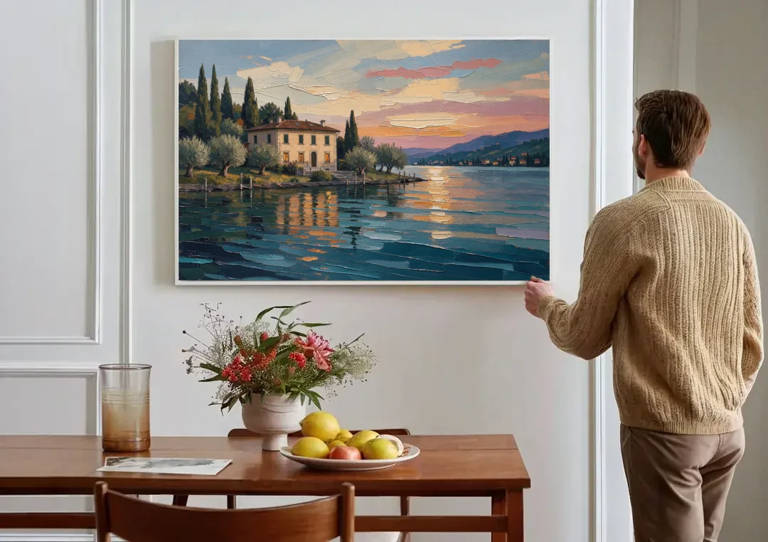 Italian Lakeside Villa at Dusk canvas wall art above a dining table