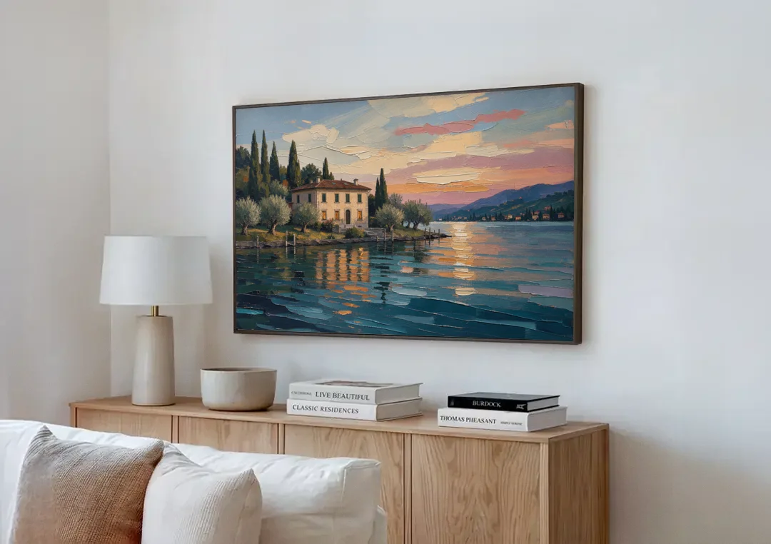 Italian Lakeside Villa at Dusk canvas wall art above a wooden sideboard next to a sofa