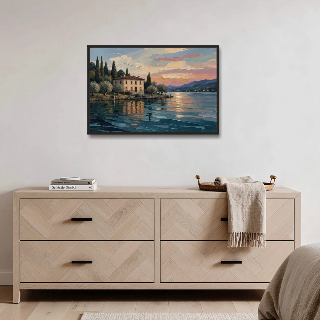 Italian Lakeside Villa at Dusk - Black Framed Canvas Wall Art - Coffee Table - 36x24
