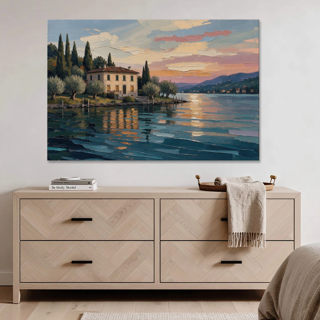 Italian Lakeside Villa at Dusk - Canvas Wall Art - Coffee Table - 60x40