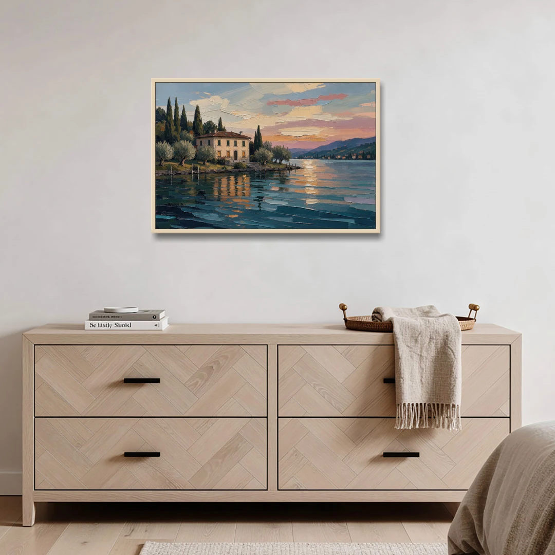 Italian Lakeside Villa at Dusk - Oak Framed Canvas Wall Art - Coffee Table - 36x24