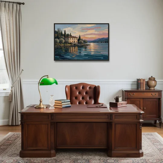 Italian Lakeside Villa at Dusk - Black Framed Canvas Wall Art - Office - 36x24