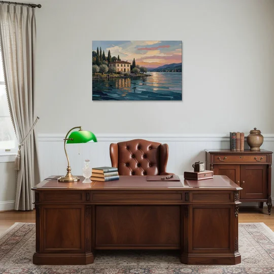 Italian Lakeside Villa at Dusk - Canvas Wall Art - Office - 36x24