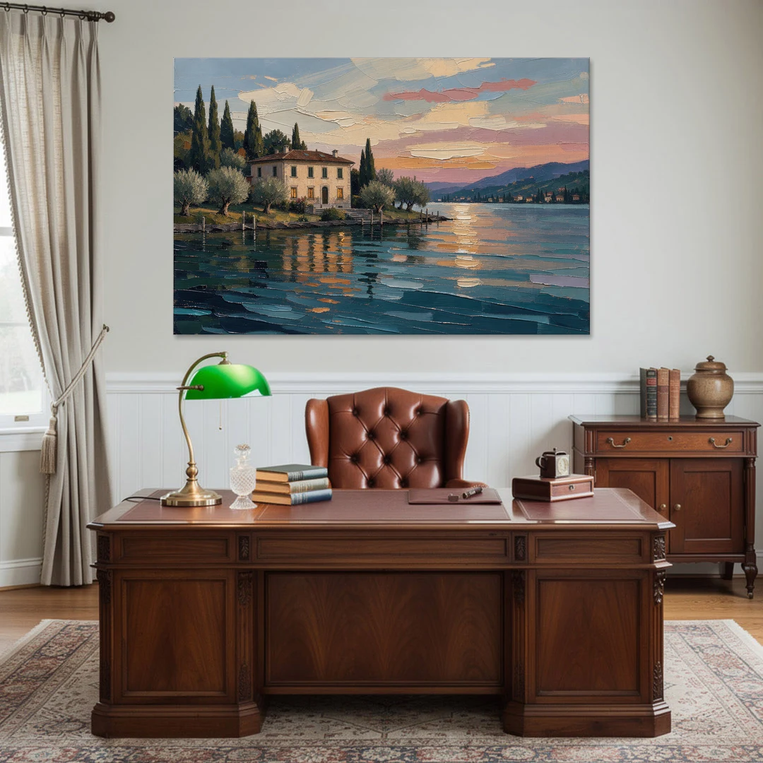 Italian Lakeside Villa at Dusk - Canvas Wall Art - Office - 60x40