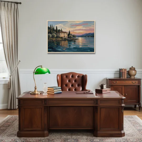Italian Lakeside Villa at Dusk - Oak Framed Canvas Wall Art - Office - 36x24