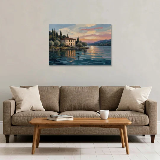 Italian Lakeside Villa at Dusk - Canvas Wall Art - Sofa - 36x24