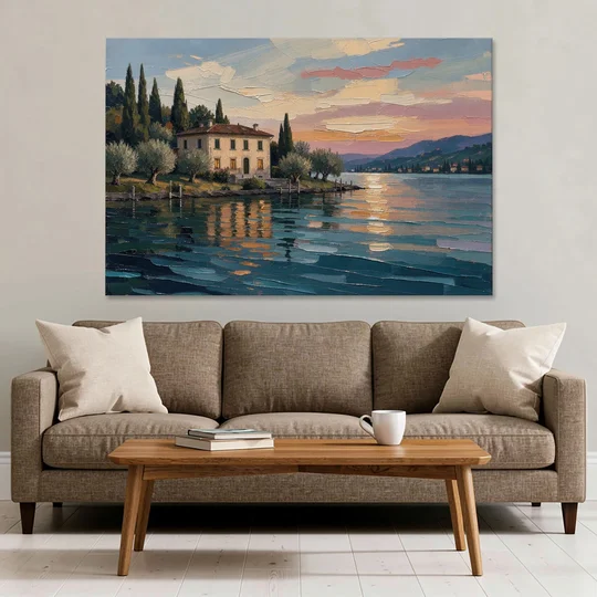 Italian Lakeside Villa at Dusk - Canvas Wall Art - Sofa - 60x40