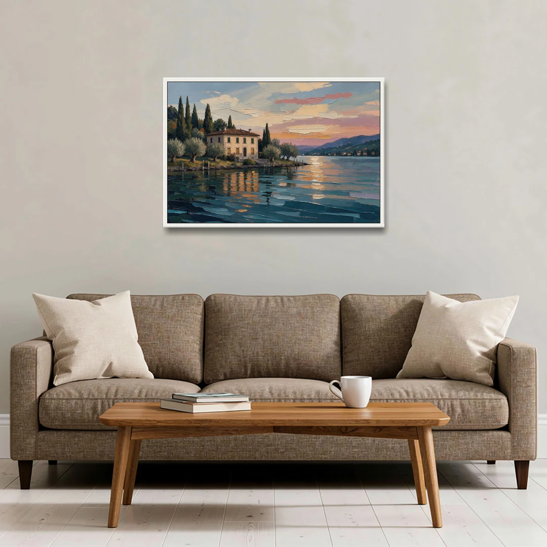 Italian Lakeside Villa at Dusk - White Framed Canvas Wall Art - Sofa - 36x24