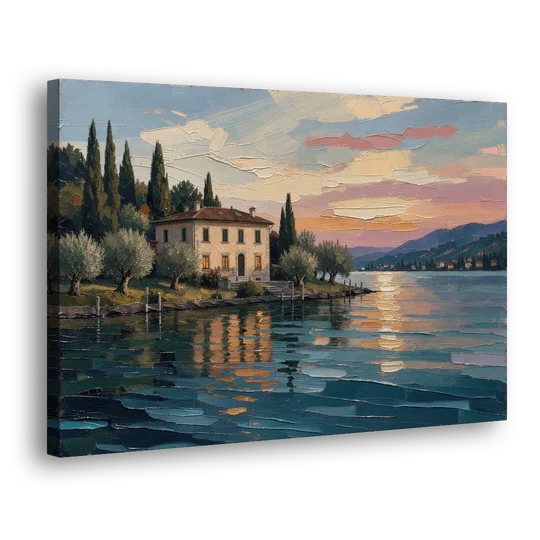 Italian Lakeside Villa at Dusk - Canvas Wall Art - Side