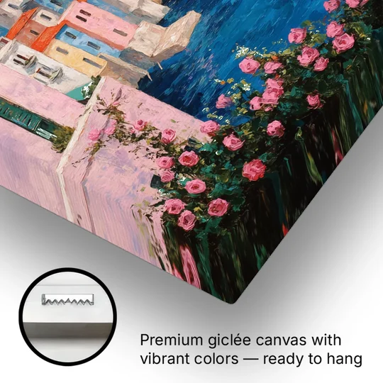 Italian Painting of a Village in Roses - Canvas Wall Art - Gallery Wrap Corner