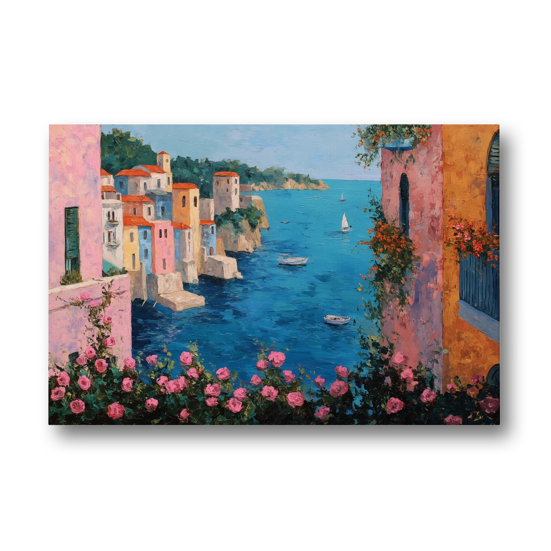 Italian Painting of a Village in Roses - Canvas Wall Art - Front