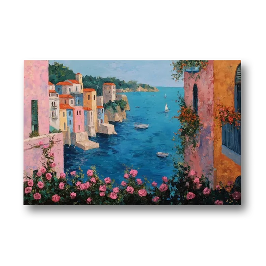Italian Painting of a Village in Roses - Canvas Wall Art - Front