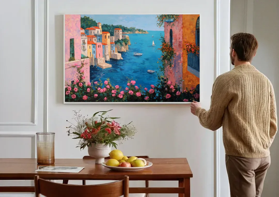 Italian Painting of a Village in Roses canvas wall art above a dining table