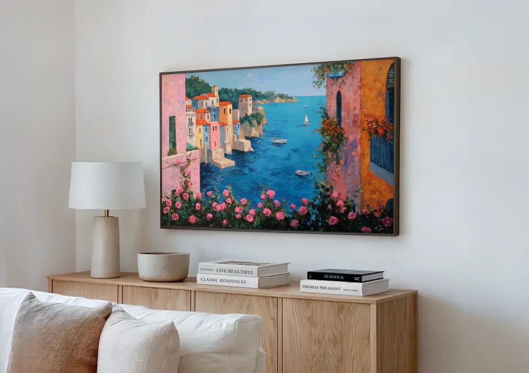 Italian Painting of a Village in Roses canvas wall art above a wooden sideboard next to a sofa