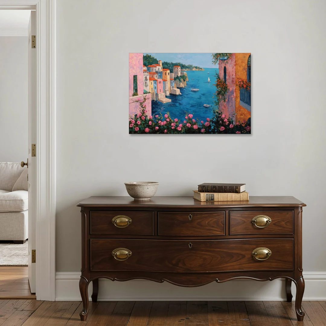 Italian Painting of a Village in Roses - Canvas Wall Art - Coffee Table - 36x24