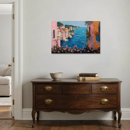 Italian Painting of a Village in Roses - Canvas Wall Art - Coffee Table - 36x24