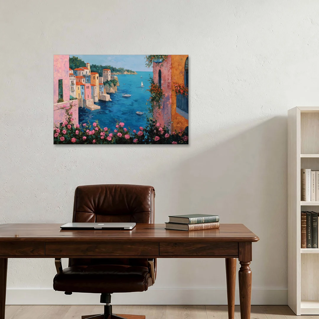 Italian Painting of a Village in Roses - Canvas Wall Art - Office - 36x24