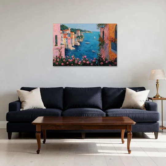 Italian Painting of a Village in Roses - Canvas Wall Art - Sofa - 36x24