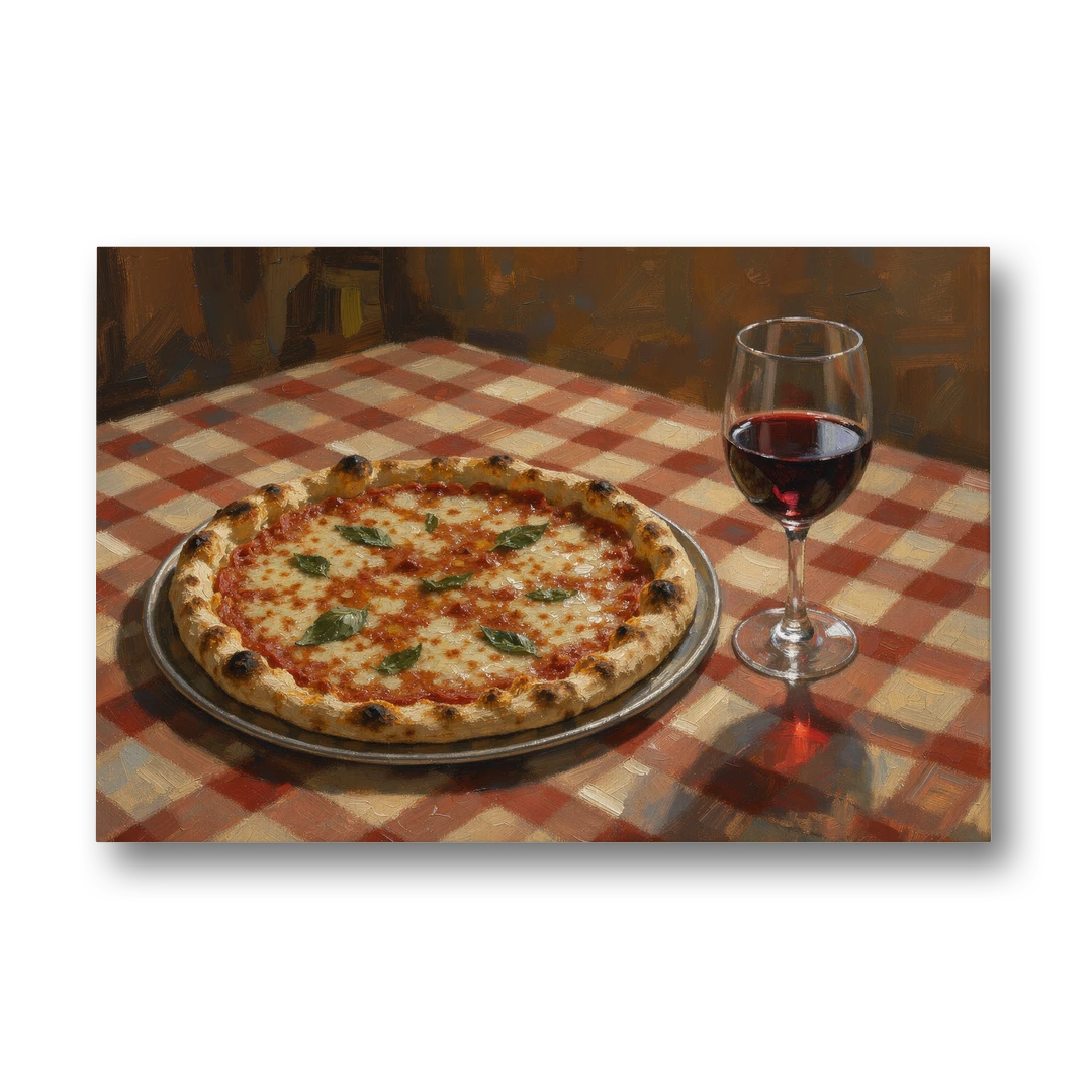 Italian Restaurant Decor with Pizza and Red Wine - Canvas Wall Art - Front
