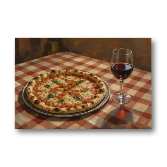 Italian Restaurant Decor with Pizza and Red Wine - Canvas Wall Art - Front
