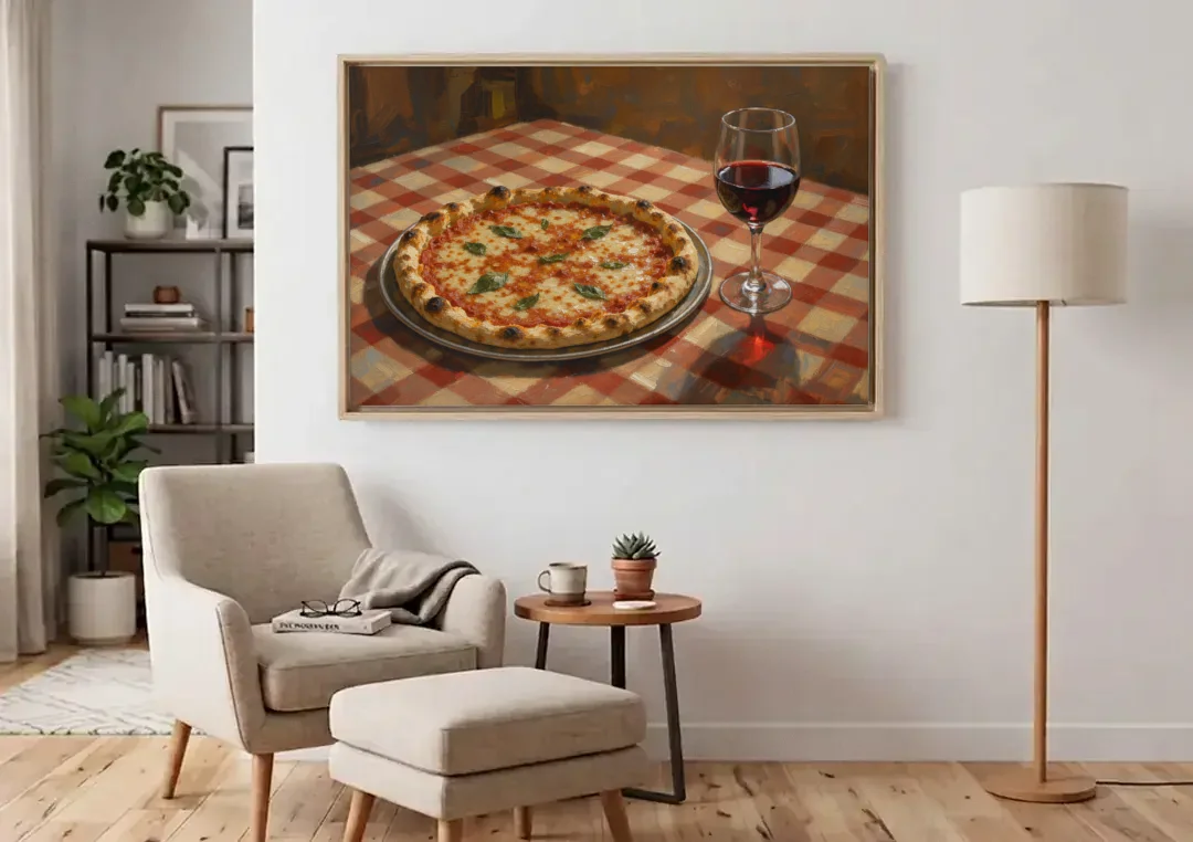 Italian Restaurant Decor with Pizza and Red Wine canvas wall art above an armchair in a bright living room