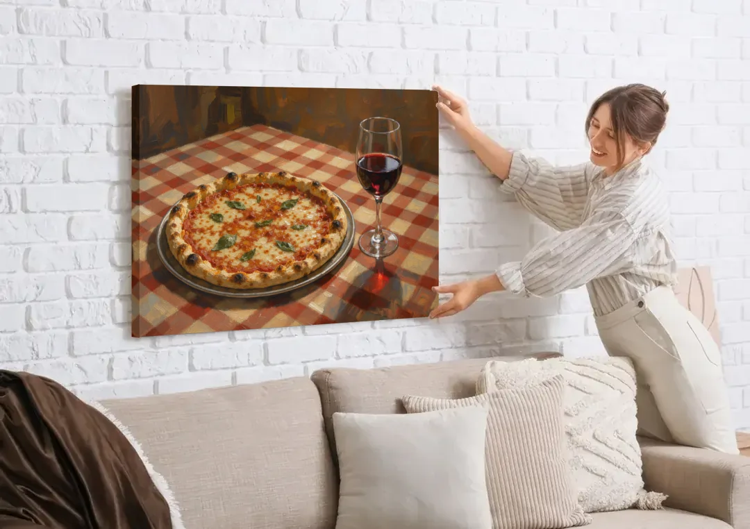 Italian Restaurant Decor with Pizza and Red Wine canvas wall art being hung on a white brick wall above a sofa