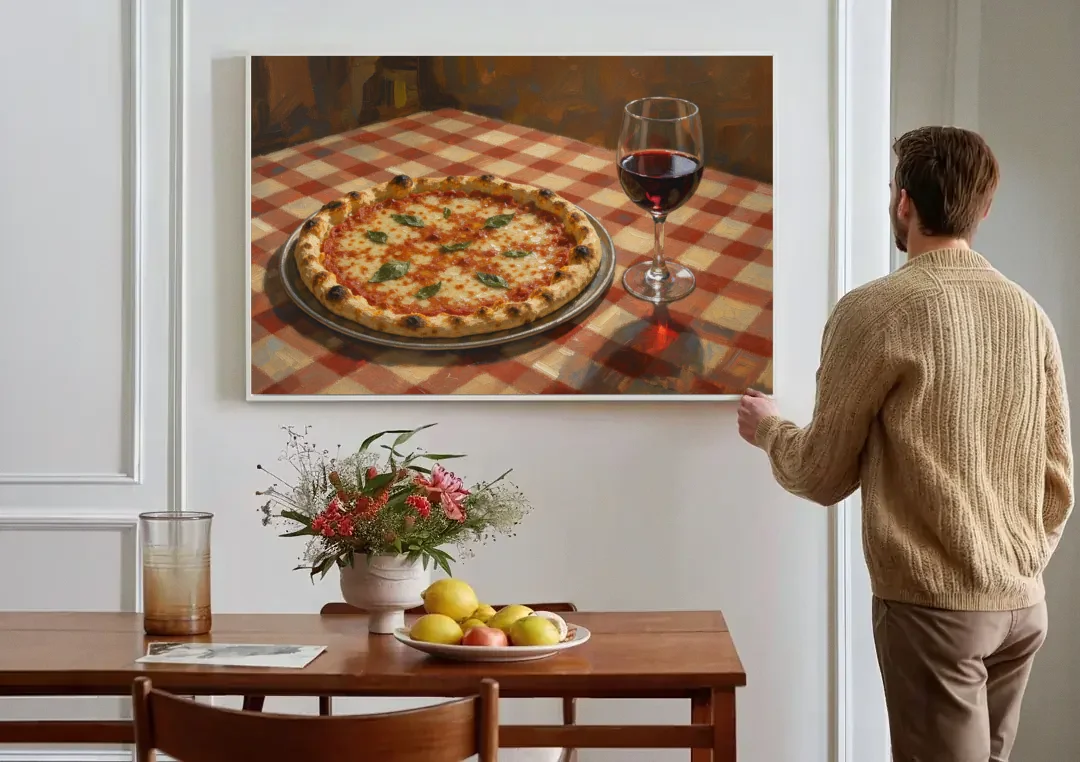 Italian Restaurant Decor with Pizza and Red Wine canvas wall art above a dining table