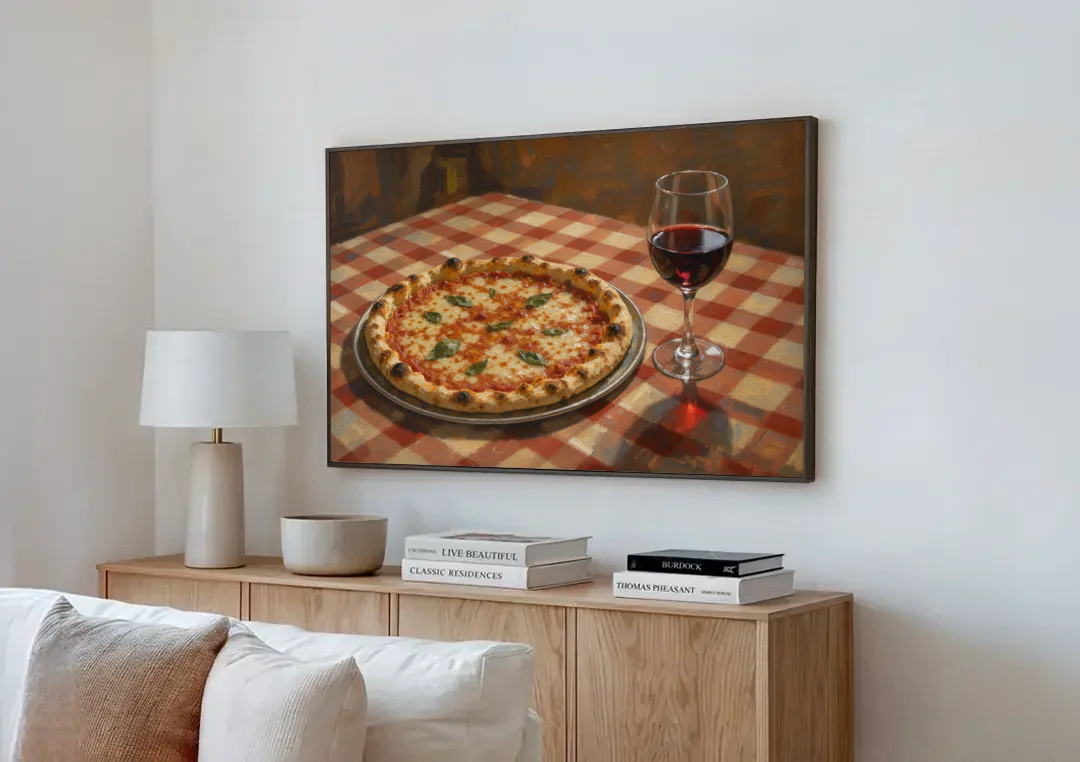 Italian Restaurant Decor with Pizza and Red Wine canvas wall art above a wooden sideboard next to a sofa