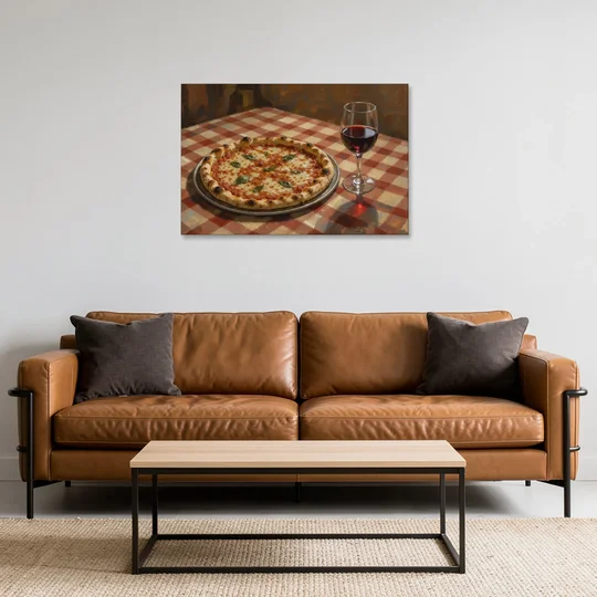 Italian Restaurant Decor with Pizza and Red Wine - Canvas Wall Art - Sofa - 36x24