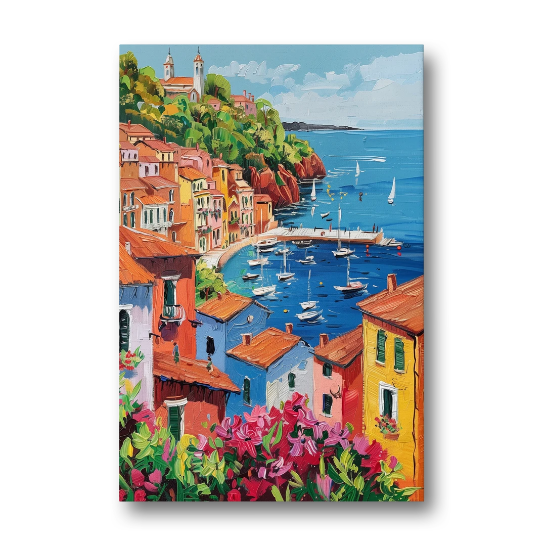 Italian Riviera Art with a Sailboat Harbor - Canvas Wall Art - Front
