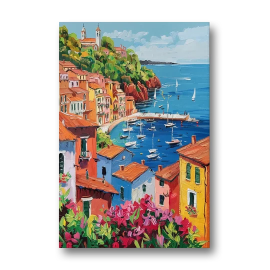 Italian Riviera Art with a Sailboat Harbor - Canvas Wall Art - Front