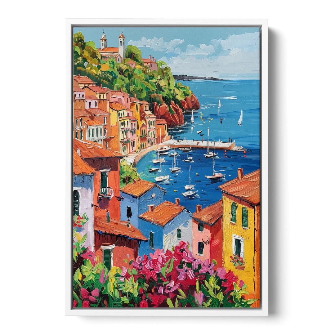 Italian Riviera Art with a Sailboat Harbor - White Framed Canvas Wall Art - Front