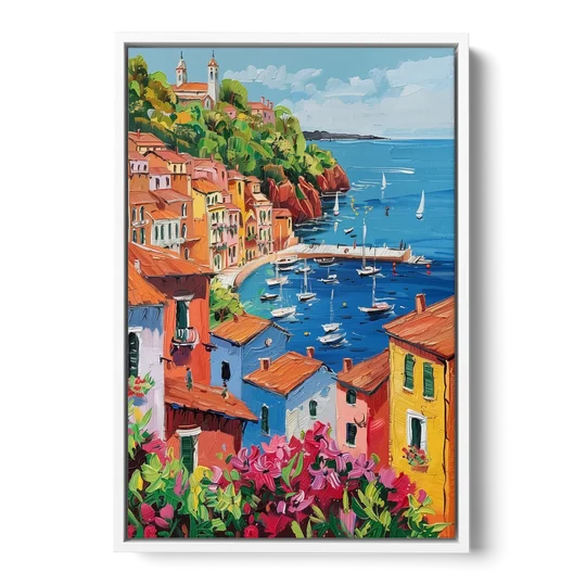 Italian Riviera Art with a Sailboat Harbor - White Framed Canvas Wall Art - Front