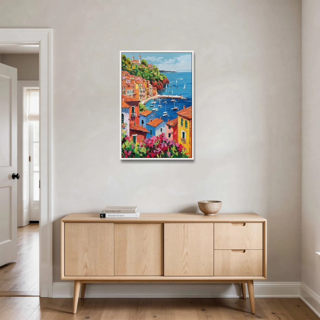 Italian Riviera Art with a Sailboat Harbor - White Framed Canvas Wall Art - Coffee Table - 24x36