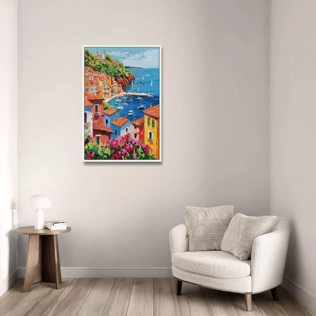 Italian Riviera Art with a Sailboat Harbor - White Framed Canvas Wall Art - Sofa - 24x36