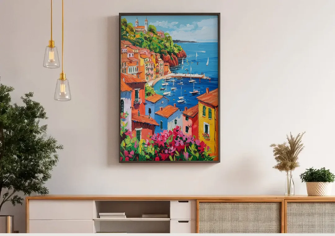 Italian Riviera Art with a Sailboat Harbor canvas wall art above a wooden sideboard under pendant lights