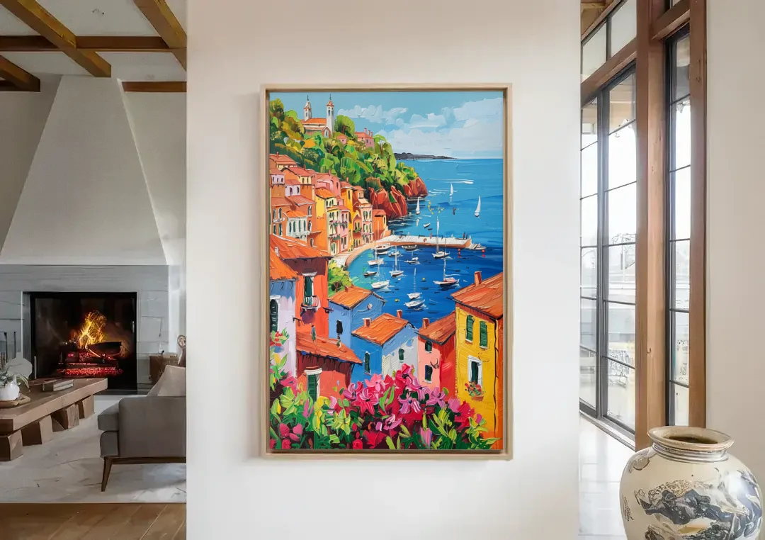 Italian Riviera Art with a Sailboat Harbor canvas wall art in a living room with a fireplace