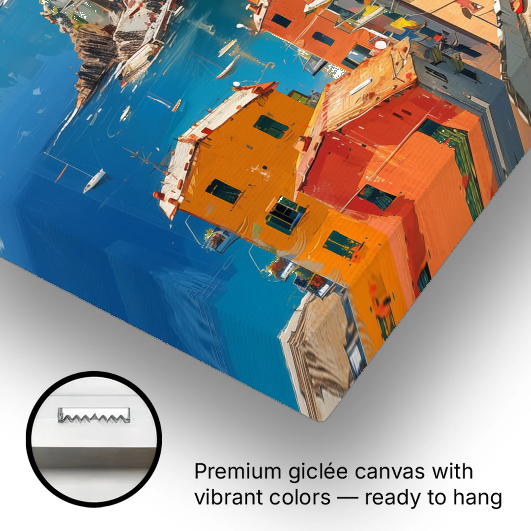 Italian Riviera Painting of a Harbor Village - Canvas Wall Art - Gallery Wrap Corner