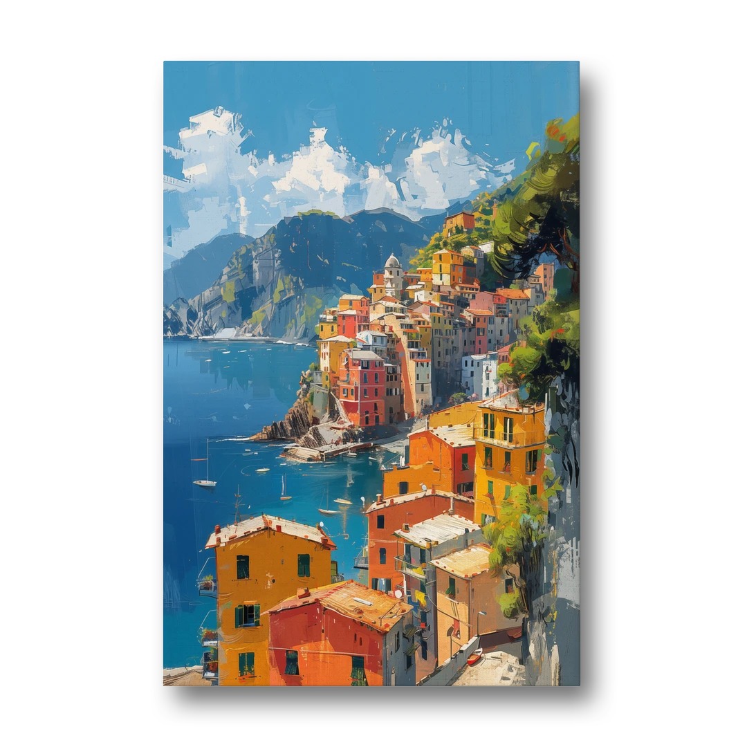 Italian Riviera Painting of a Harbor Village - Canvas Wall Art - Front