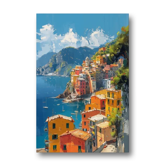Italian Riviera Painting of a Harbor Village - Canvas Wall Art - Front