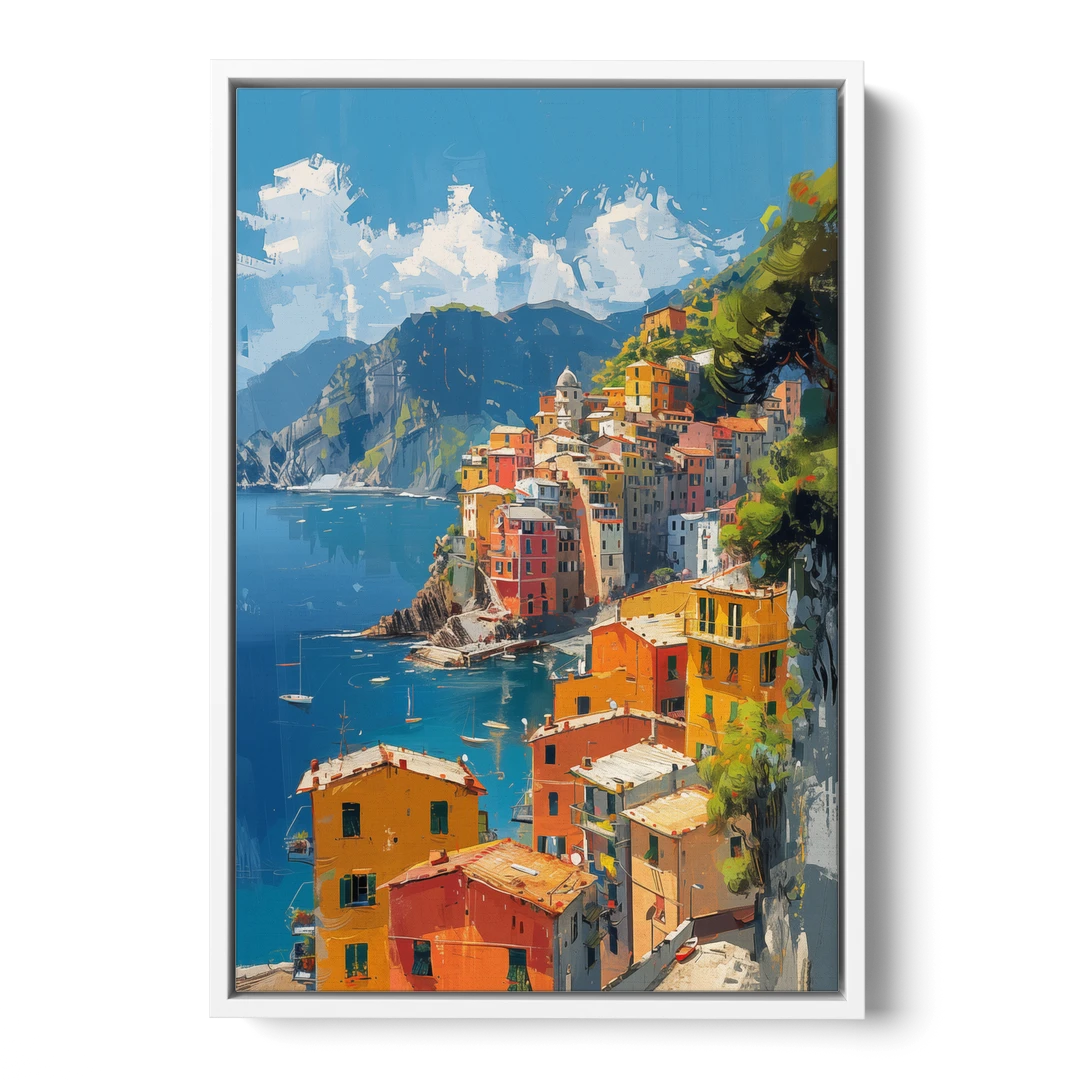 Italian Riviera Painting of a Harbor Village - White Framed Canvas Wall Art - Front