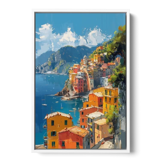 Italian Riviera Painting of a Harbor Village - White Framed Canvas Wall Art - Front