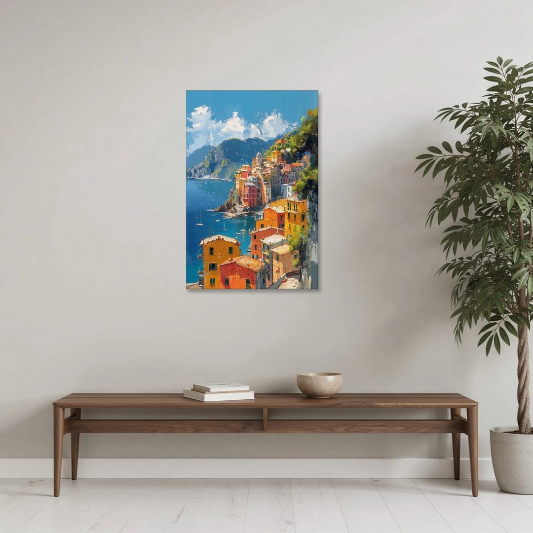 Italian Riviera Painting of a Harbor Village - Canvas Wall Art - Coffee Table - 24x36